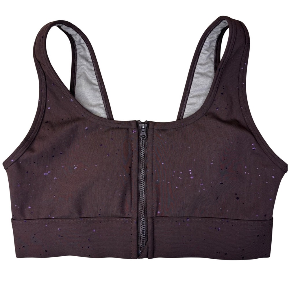 GapFit Womens Small Brown Purple Splatter Front Zip Medium Impact Sports Bra